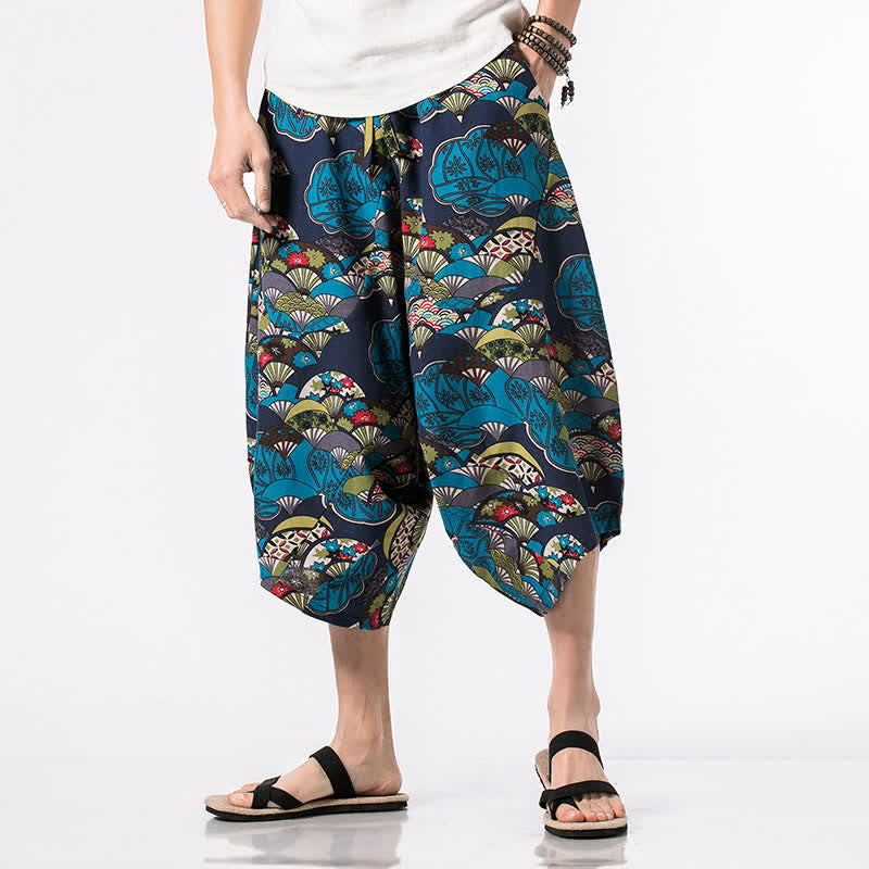 Buddha Stones Pantaloni Capri estivi in ​​stile boho casual con coulisse, in cotone e lino con stampa floreale, pantaloni harem da uomo con tasca - Blu - US/UK/AU48, EU58 (5XL) - image 0