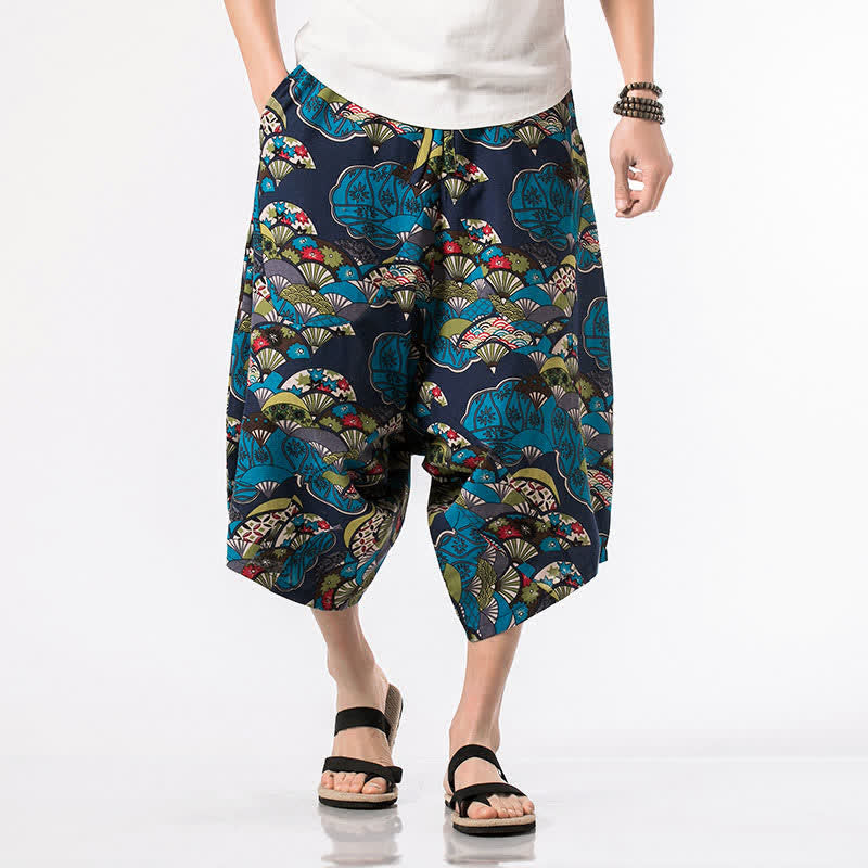 Buddha Stones Pantaloni Capri estivi in ​​stile boho casual con coulisse, in cotone e lino con stampa floreale, pantaloni harem da uomo con tasca - image 1