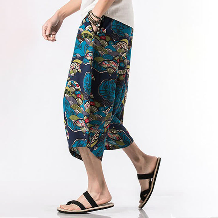 Buddha Stones Pantaloni Capri estivi in ​​stile boho casual con coulisse, in cotone e lino con stampa floreale, pantaloni harem da uomo con tasca - image 5