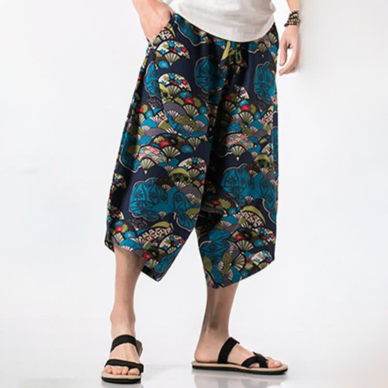 Buddha Stones Pantaloni Capri estivi in ​​stile boho casual con coulisse, in cotone e lino con stampa floreale, pantaloni harem da uomo con tasca - image 2