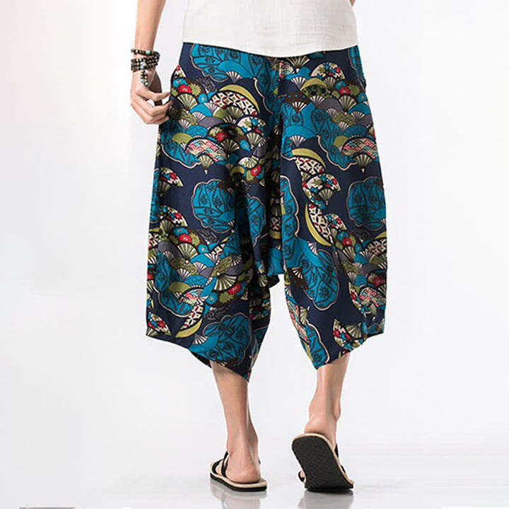 Buddha Stones Pantaloni Capri estivi in ​​stile boho casual con coulisse, in cotone e lino con stampa floreale, pantaloni harem da uomo con tasca - image 6