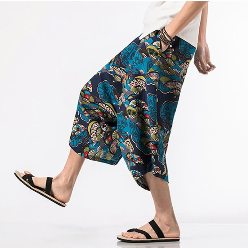 Buddha Stones Pantaloni Capri estivi in ​​stile boho casual con coulisse, in cotone e lino con stampa floreale, pantaloni harem da uomo con tasca - image 4