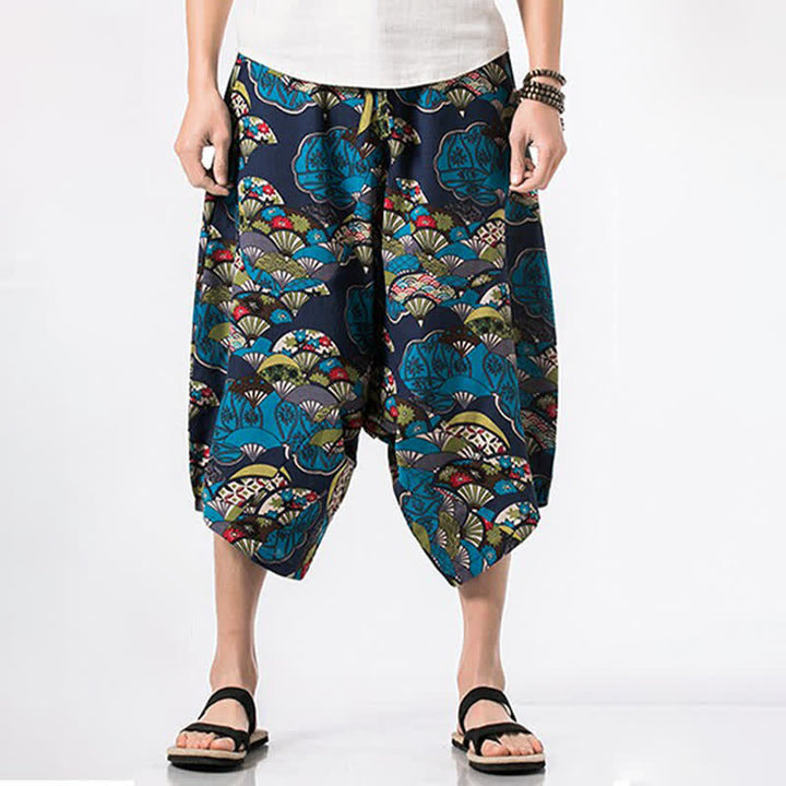 Buddha Stones Pantaloni Capri estivi in ​​stile boho casual con coulisse, in cotone e lino con stampa floreale, pantaloni harem da uomo con tasca - image 3