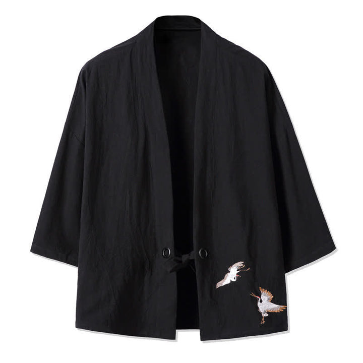 Buddha Stones Kimono da uomo in cotone e lino, stile vintage, con ricamo a gru, perfetto per l'autunno. - Nero - US/UK/AU48, EU58 (5XL) - image 6