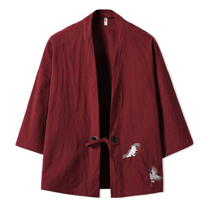 Buddha Stones Kimono da uomo in cotone e lino, stile vintage, con ricamo a gru, perfetto per l'autunno. - Marrone - US/UK/AU48, EU58 (5XL) - image 8