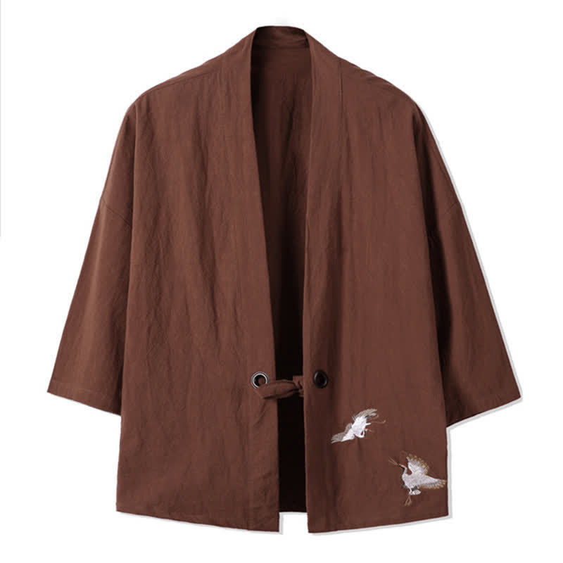 Buddha Stones Kimono da uomo in cotone e lino, stile vintage, con ricamo a gru, perfetto per l'autunno. - Siena - US/UK/AU48, EU58 (5XL) - image 12