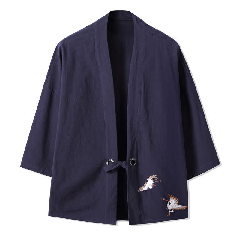 Buddha Stones Kimono da uomo in cotone e lino, stile vintage, con ricamo a gru, perfetto per l'autunno. - Blu notte - US/UK/AU48, EU58 (5XL) - image 10