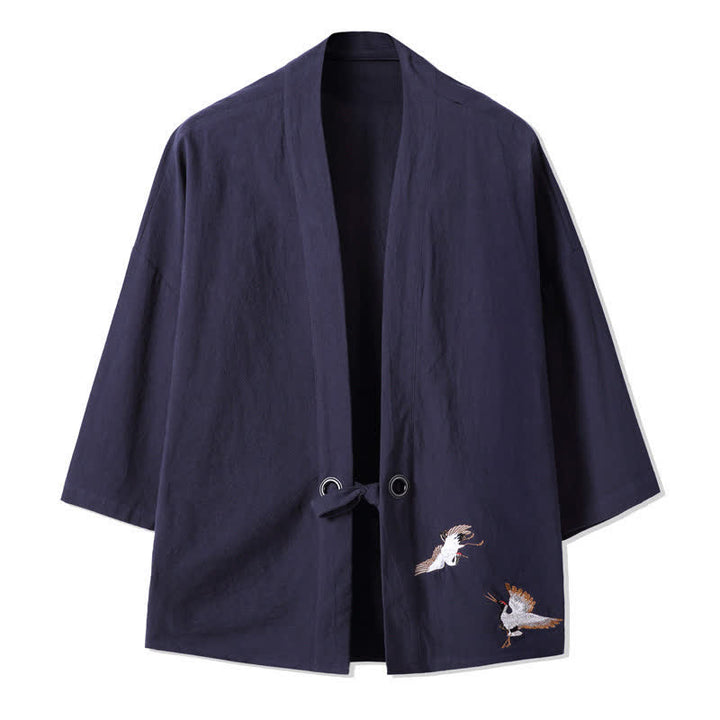 Buddha Stones Kimono da uomo in cotone e lino, stile vintage, con ricamo a gru, perfetto per l'autunno. - Blu notte - US/UK/AU48, EU58 (5XL) - image 10