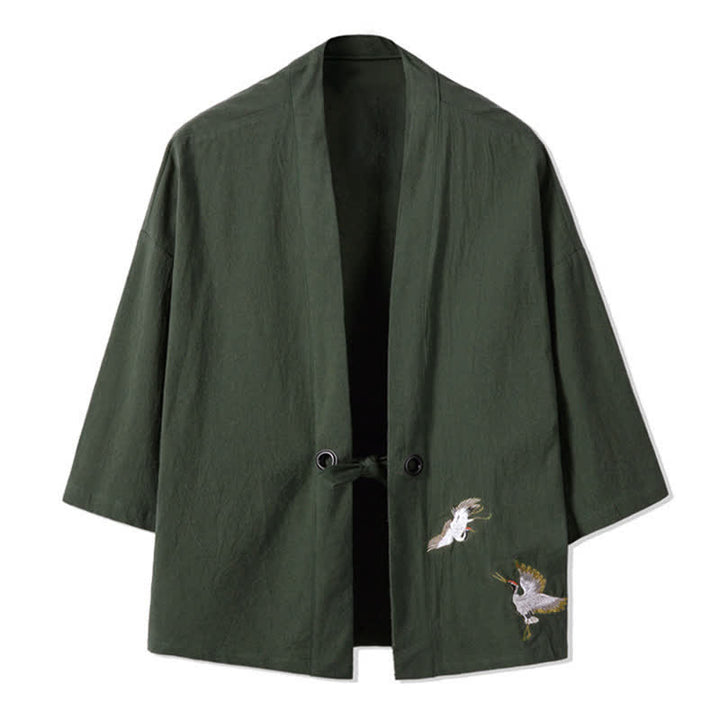 Buddha Stones Kimono da uomo in cotone e lino, stile vintage, con ricamo a gru, perfetto per l'autunno. - Verde oliva scuro - US/UK/AU48, EU58 (5XL) - image 0