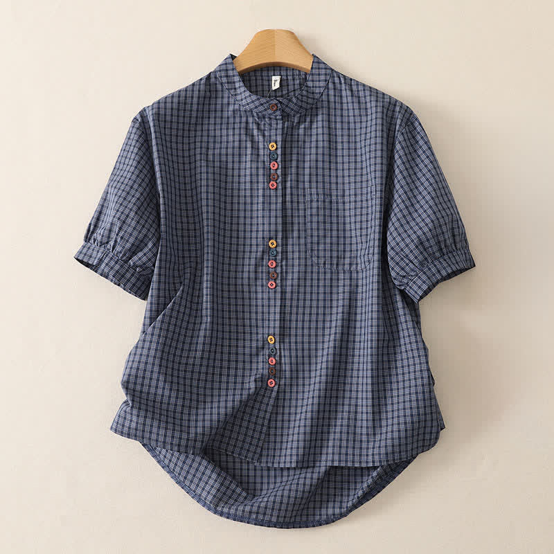Buddha Stones Camicia da donna estiva casual vintage a maniche corte con colletto alla coreana, bottoni e fantasia a quadri, con taschino. - Grigio ardesia - US12, UK/AU16, EU44 (2XL) - image 0