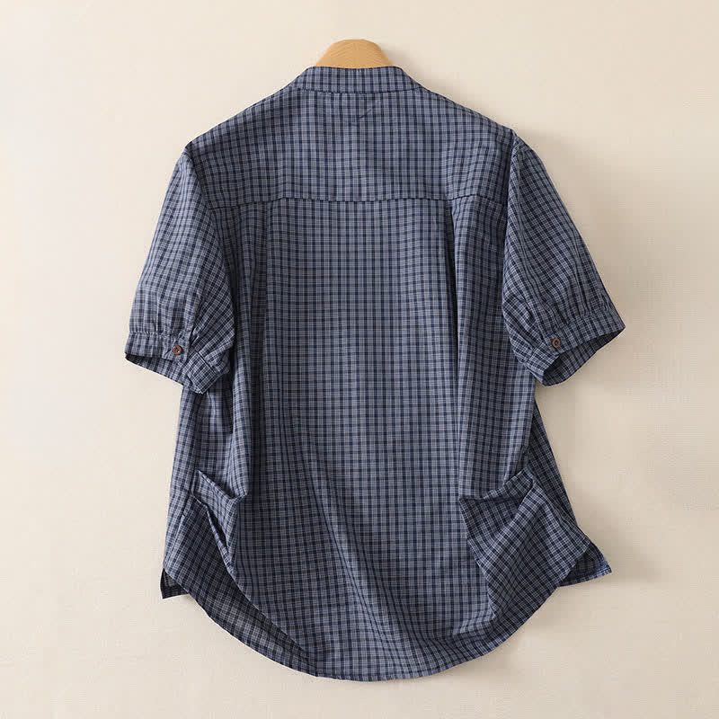 Buddha Stones Camicia da donna estiva casual vintage a maniche corte con colletto alla coreana, bottoni e fantasia a quadri, con taschino. - image 1