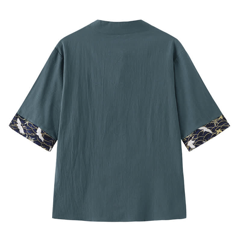 Buddha Stones Camicia da uomo a maniche corte Summer Tang Style Vintage Frog Button Crane - image 1