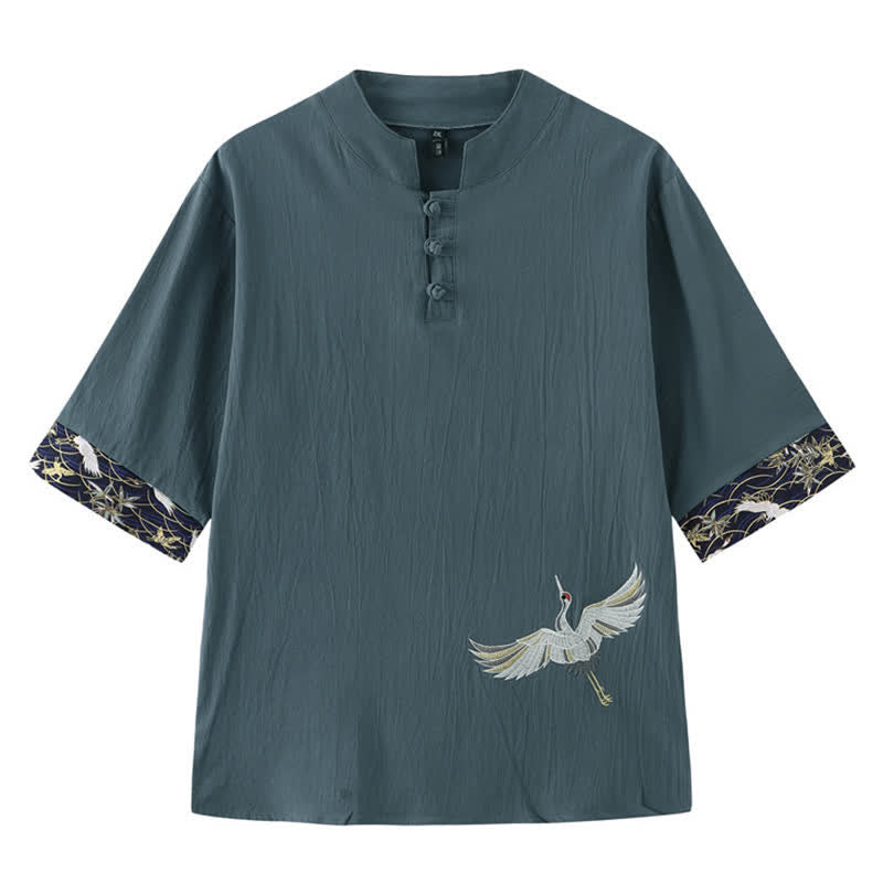 Buddha Stones Camicia da uomo a maniche corte Summer Tang Style Vintage Frog Button Crane - Cadetto Blu - US/UK/AU46, EU56 (5XL) - image 0