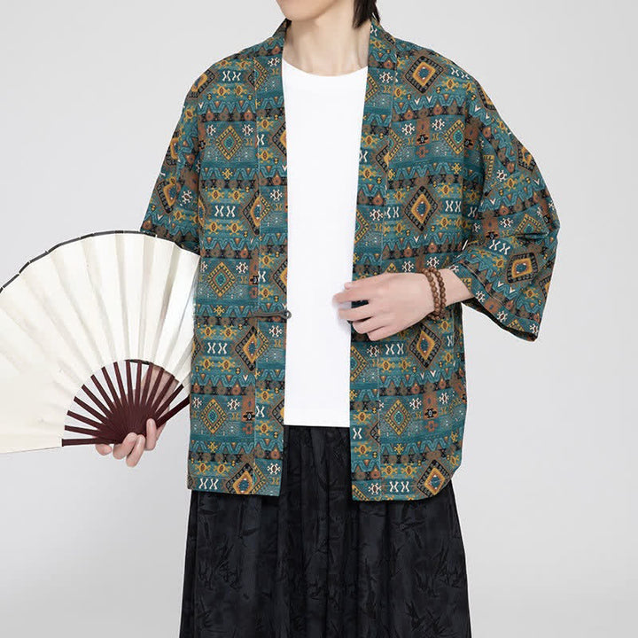Buddha Stones Kimono da uomo primaverile/estivo in stile boho casual con tasche applicate e motivi geometrici. - image 5