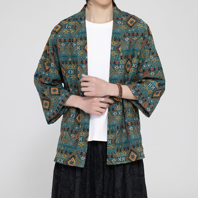 Buddha Stones Kimono da uomo primaverile/estivo in stile boho casual con tasche applicate e motivi geometrici. - image 4