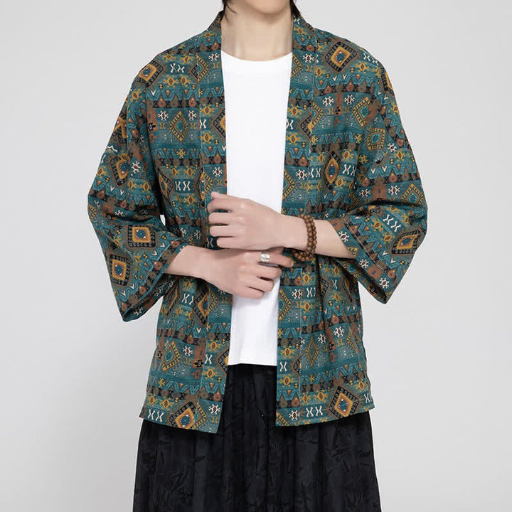 Buddha Stones Kimono da uomo primaverile/estivo in stile boho casual con tasche applicate e motivi geometrici. - image 4