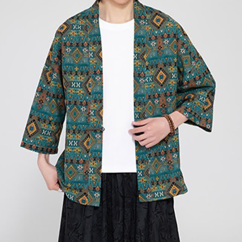 Buddha Stones Kimono da uomo primaverile/estivo in stile boho casual con tasche applicate e motivi geometrici. - image 1