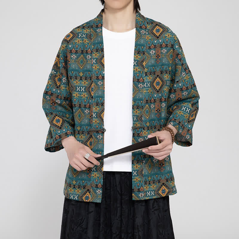 Buddha Stones Kimono da uomo primaverile/estivo in stile boho casual con tasche applicate e motivi geometrici. - image 3