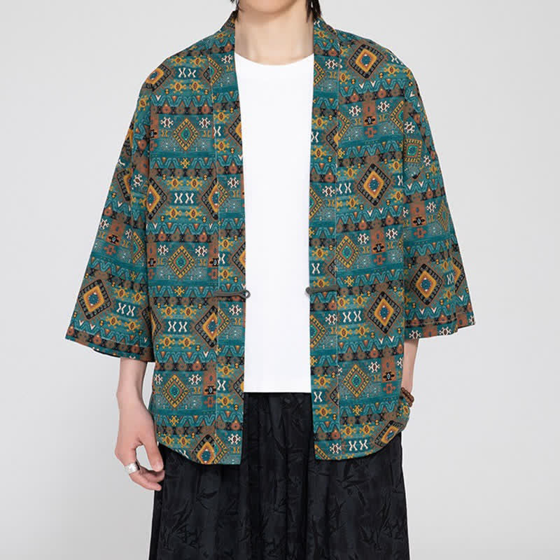 Buddha Stones Kimono da uomo primaverile/estivo in stile boho casual con tasche applicate e motivi geometrici. - image 2