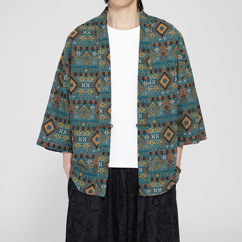 Buddha Stones Kimono da uomo primaverile/estivo in stile boho casual con tasche applicate e motivi geometrici. - Verde acqua - US/UK/AU46, EU56 (5XL) - image 0