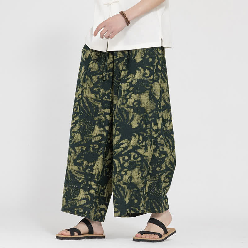 Buddha Stones Pantaloni corti da uomo estivi in ​​stile boho casual con coulisse e stampa astratta, gamba dritta e tasca. - Verde oliva scuro - US/UK/AU48, EU58 (5XL) - image 0