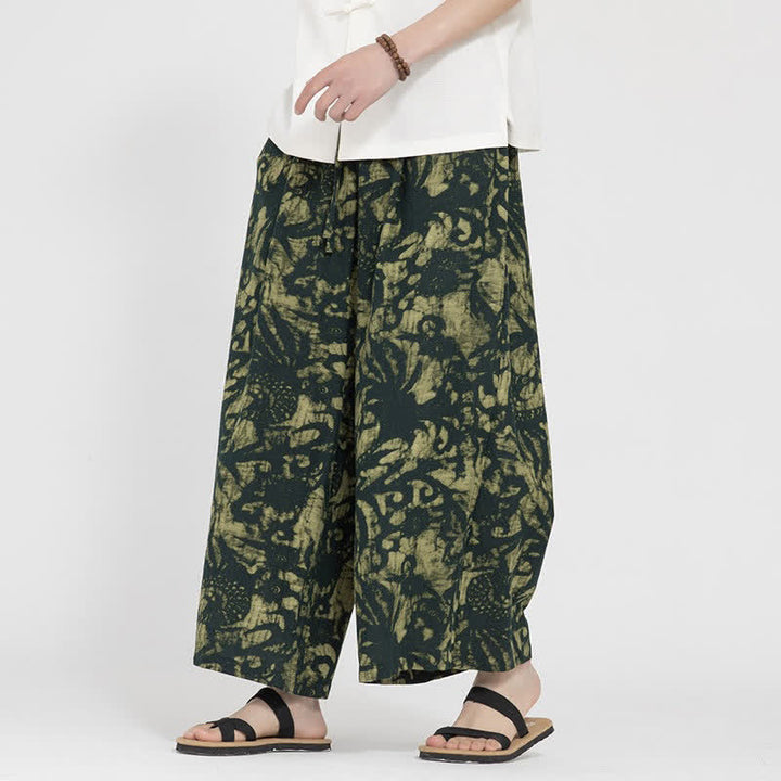 Buddha Stones Pantaloni corti da uomo estivi in ​​stile boho casual con coulisse e stampa astratta, gamba dritta e tasca. - Verde oliva scuro - US/UK/AU48, EU58 (5XL) - image 0
