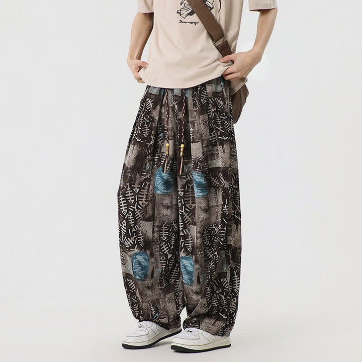 Buddha Stones Pantaloni lunghi da uomo stile boho casual con coulisse e stampa astratta, ideali per primavera/estate, modello harem con tasca. - image 2