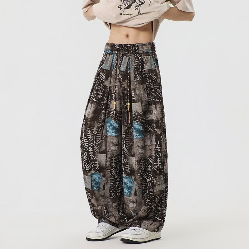 Buddha Stones Pantaloni lunghi da uomo stile boho casual con coulisse e stampa astratta, ideali per primavera/estate, modello harem con tasca. - Blu - US/UK/AU46, EU56 (5XL) - image 0