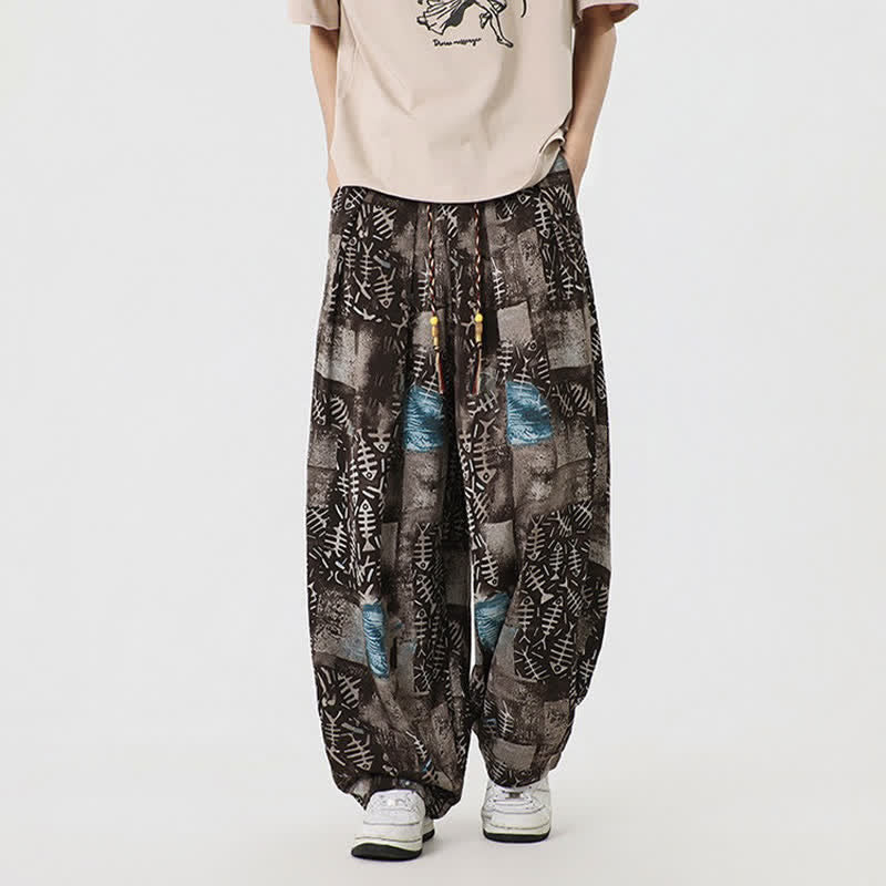 Buddha Stones Pantaloni lunghi da uomo stile boho casual con coulisse e stampa astratta, ideali per primavera/estate, modello harem con tasca. - image 1