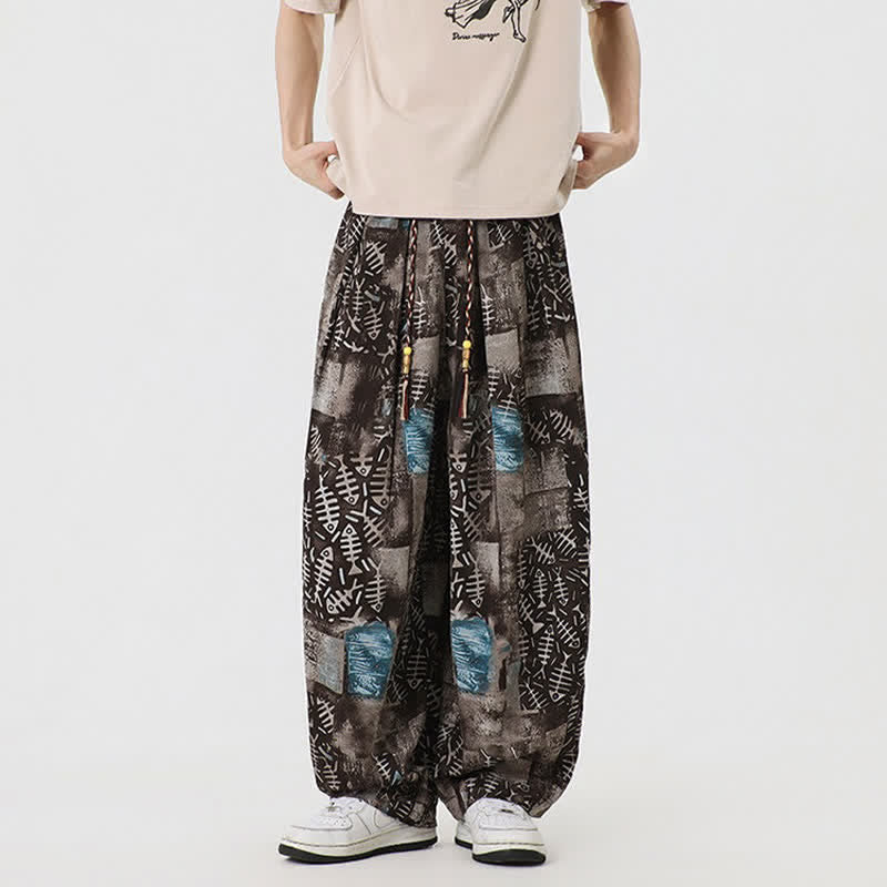 Buddha Stones Pantaloni lunghi da uomo stile boho casual con coulisse e stampa astratta, ideali per primavera/estate, modello harem con tasca. - image 3