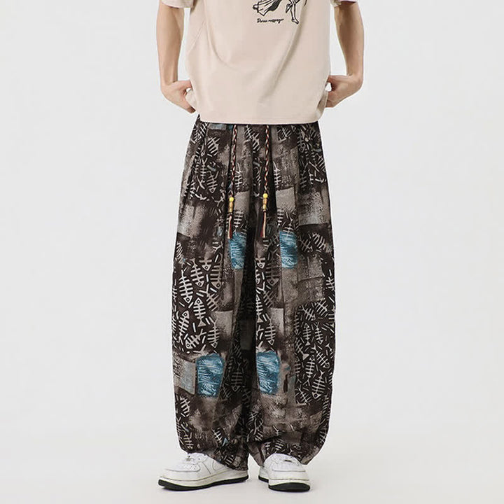 Buddha Stones Pantaloni lunghi da uomo stile boho casual con coulisse e stampa astratta, ideali per primavera/estate, modello harem con tasca. - image 3