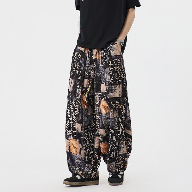Buddha Stones Pantaloni lunghi da uomo stile boho casual con coulisse e stampa astratta, ideali per primavera/estate, modello harem con tasca. - Marrone sella - US/UK/AU46, EU56 (5XL) - image 6