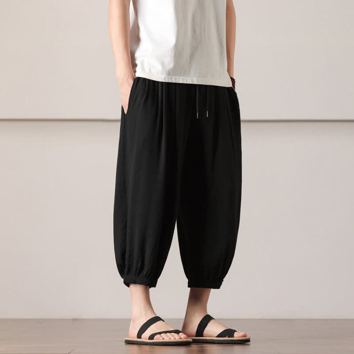 Buddha Stones Pantaloni capri estivi casual minimalisti con coulisse, pantaloni harem da uomo con tasca - image 21