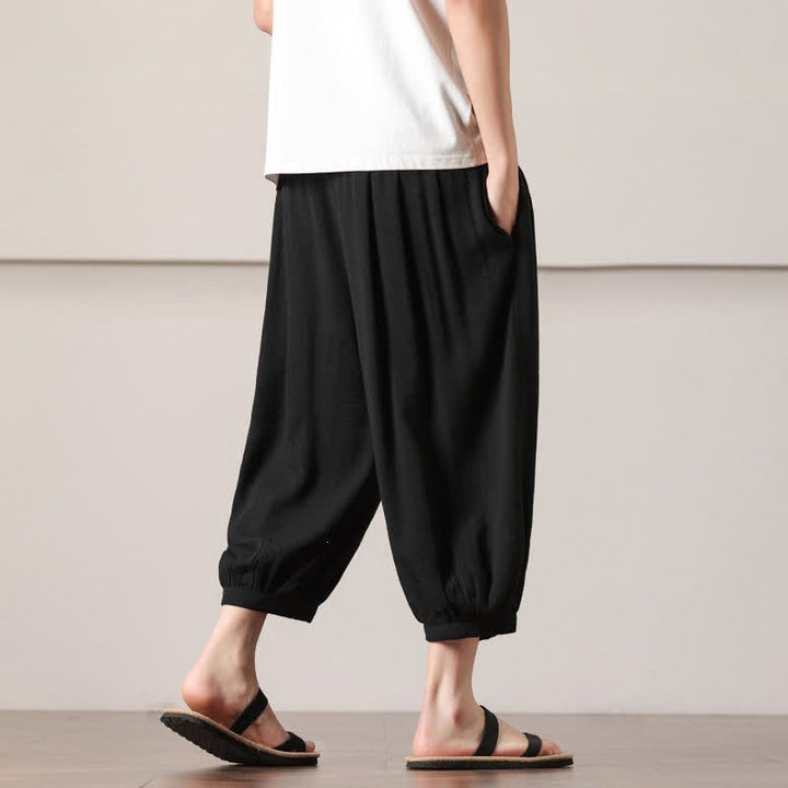 Buddha Stones Pantaloni capri estivi casual minimalisti con coulisse, pantaloni harem da uomo con tasca - image 29