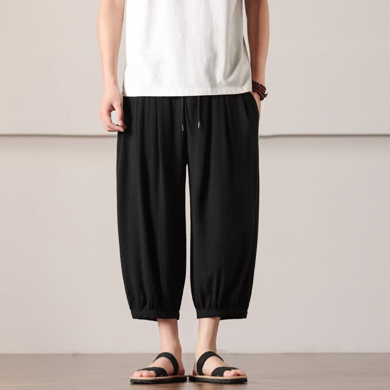 Buddha Stones Pantaloni capri estivi casual minimalisti con coulisse, pantaloni harem da uomo con tasca - Nero - US/UK/AU46, EU56 (5XL) - image 19