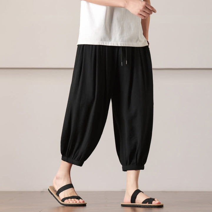 Buddha Stones Pantaloni capri estivi casual minimalisti con coulisse, pantaloni harem da uomo con tasca - image 25