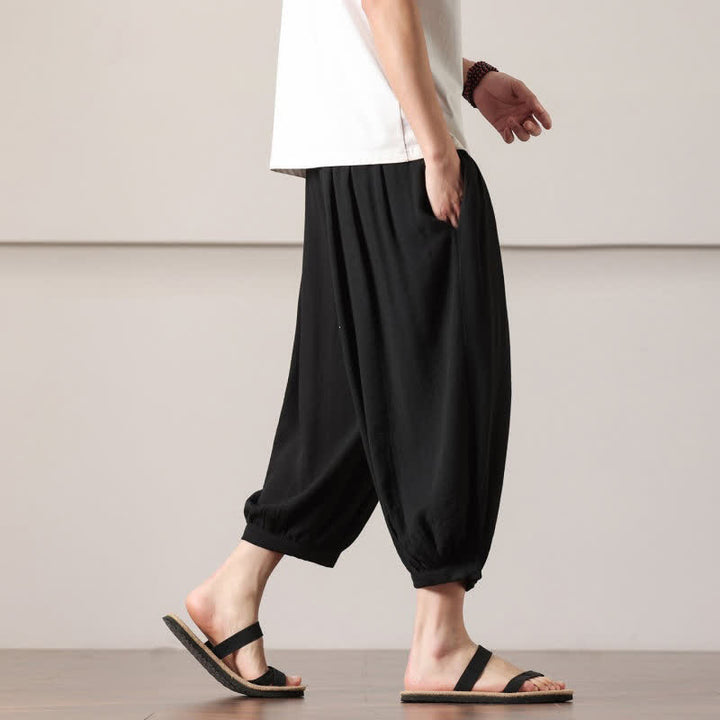 Buddha Stones Pantaloni capri estivi casual minimalisti con coulisse, pantaloni harem da uomo con tasca - image 24