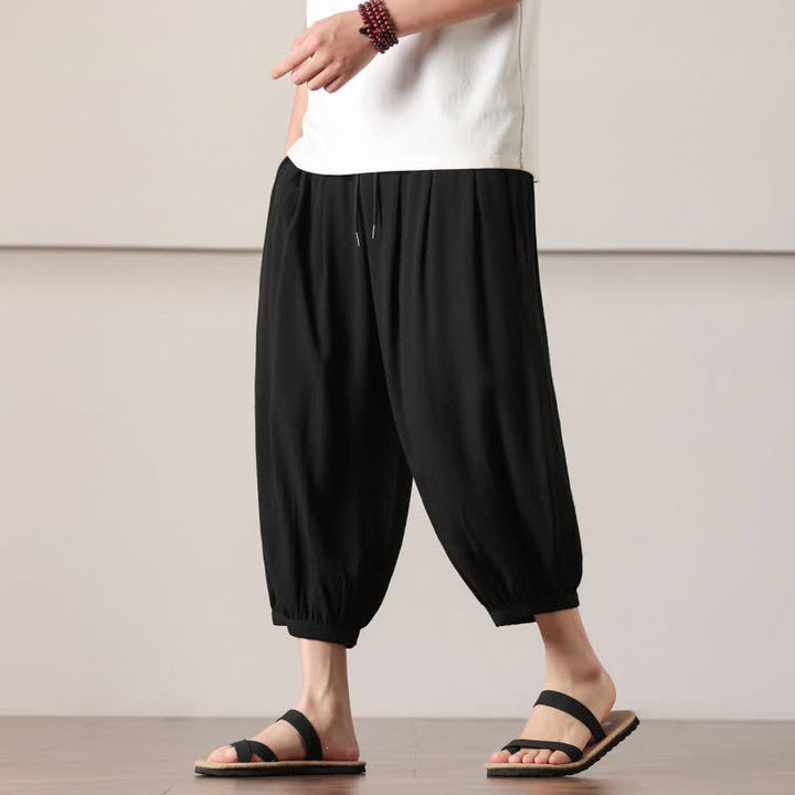 Buddha Stones Pantaloni capri estivi casual minimalisti con coulisse, pantaloni harem da uomo con tasca - image 27