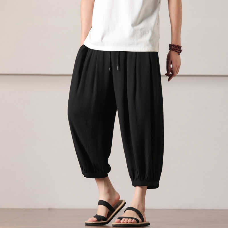 Buddha Stones Pantaloni capri estivi casual minimalisti con coulisse, pantaloni harem da uomo con tasca - image 22