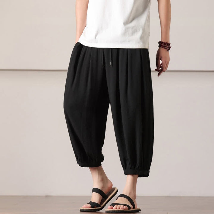 Buddha Stones Pantaloni capri estivi casual minimalisti con coulisse, pantaloni harem da uomo con tasca - image 22