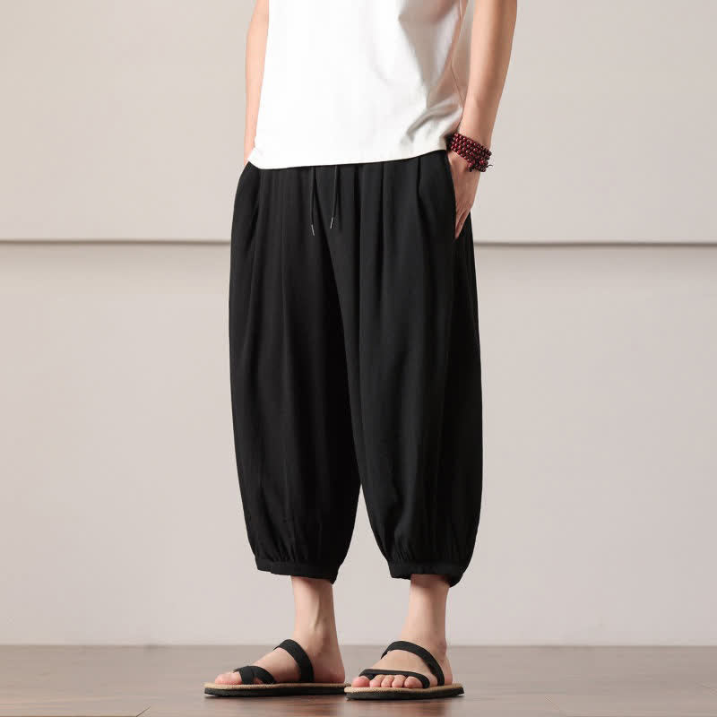 Buddha Stones Pantaloni capri estivi casual minimalisti con coulisse, pantaloni harem da uomo con tasca - image 20