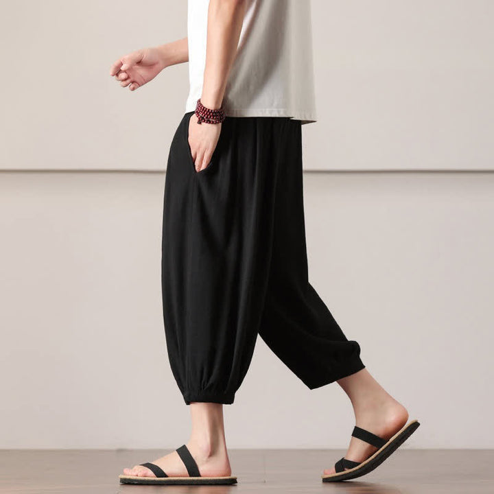 Buddha Stones Pantaloni capri estivi casual minimalisti con coulisse, pantaloni harem da uomo con tasca - image 26