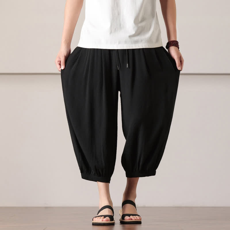 Buddha Stones Pantaloni capri estivi casual minimalisti con coulisse, pantaloni harem da uomo con tasca - image 23