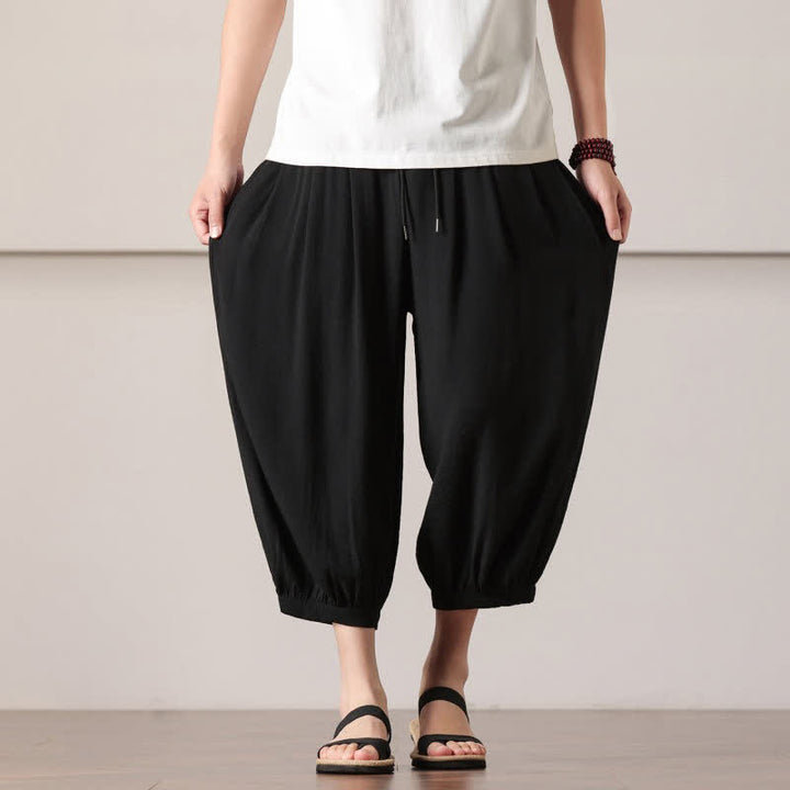 Buddha Stones Pantaloni capri estivi casual minimalisti con coulisse, pantaloni harem da uomo con tasca - image 23