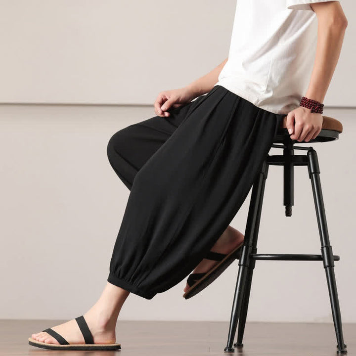 Buddha Stones Pantaloni capri estivi casual minimalisti con coulisse, pantaloni harem da uomo con tasca - image 28