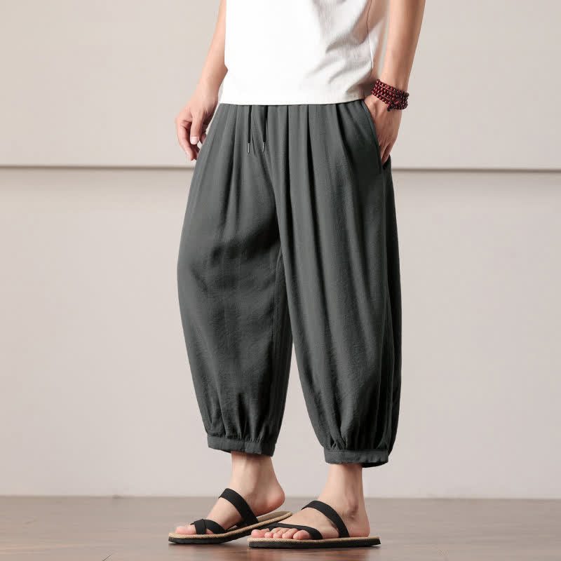 Buddha Stones Pantaloni capri estivi casual minimalisti con coulisse, pantaloni harem da uomo con tasca - image 1