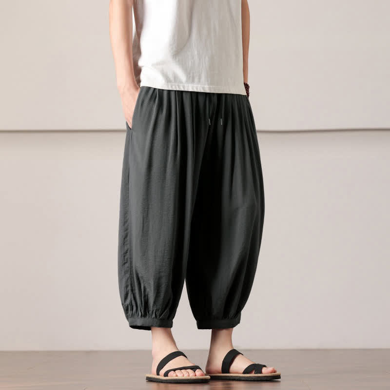 Buddha Stones Pantaloni capri estivi casual minimalisti con coulisse, pantaloni harem da uomo con tasca - image 3
