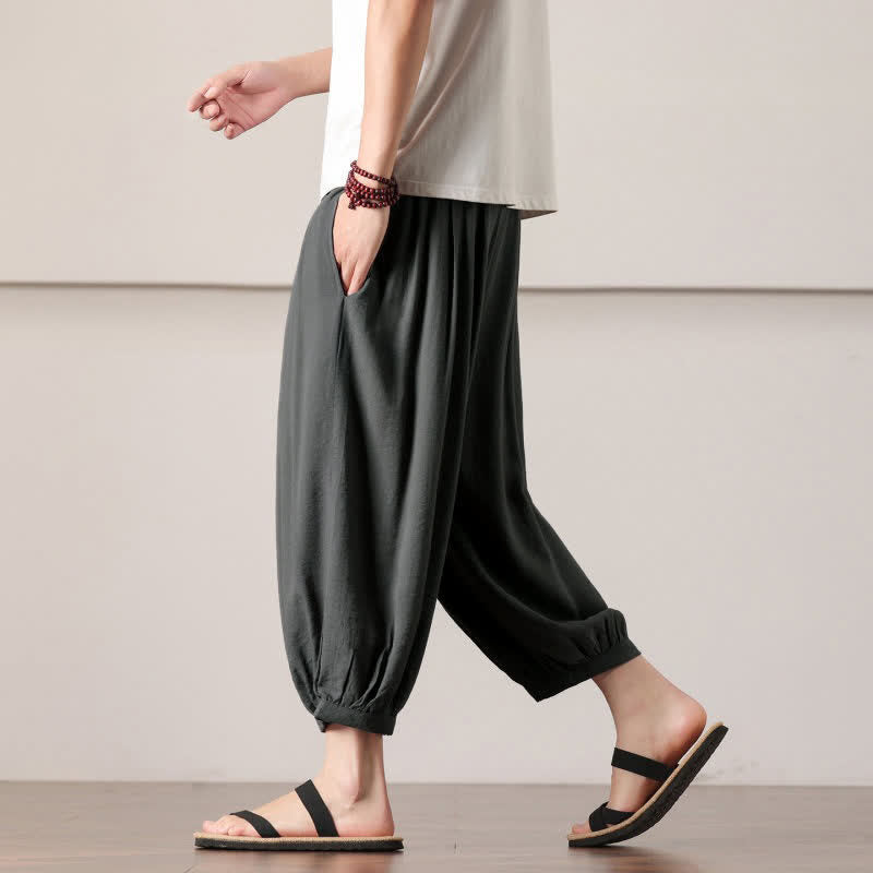Buddha Stones Pantaloni capri estivi casual minimalisti con coulisse, pantaloni harem da uomo con tasca - image 5