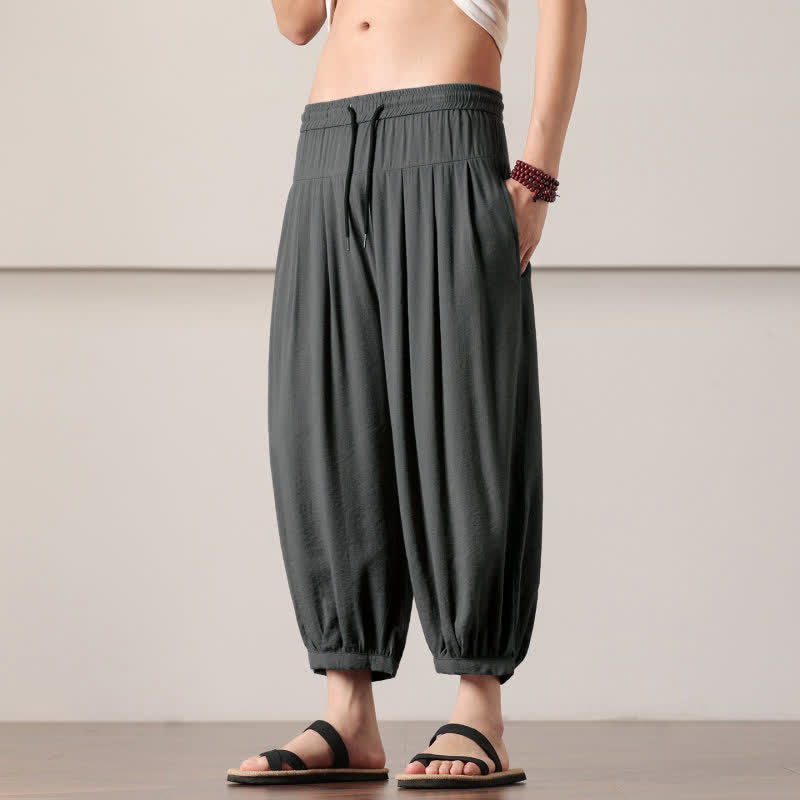 Buddha Stones Pantaloni capri estivi casual minimalisti con coulisse, pantaloni harem da uomo con tasca - image 2