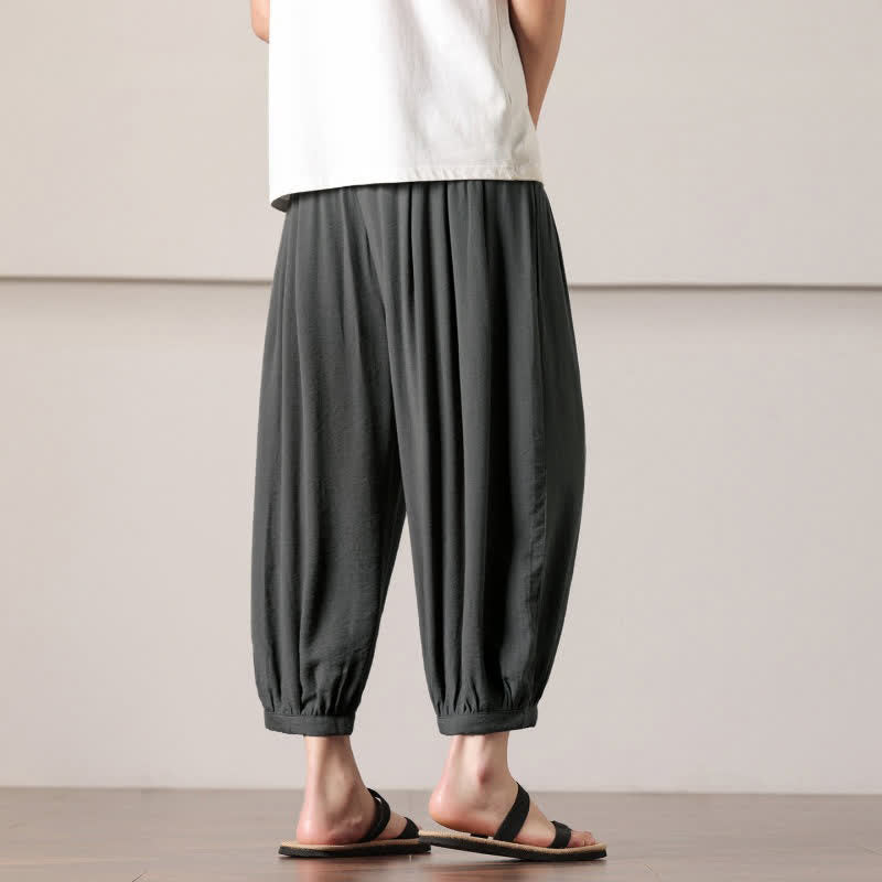 Buddha Stones Pantaloni capri estivi casual minimalisti con coulisse, pantaloni harem da uomo con tasca - image 7